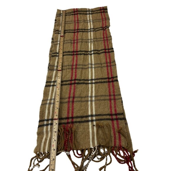 Plaid Pattern Beige Red & Black Fringe Scarf By Cejon 56" X 10" Acrylic Blend Ma - Picture 6 of 8